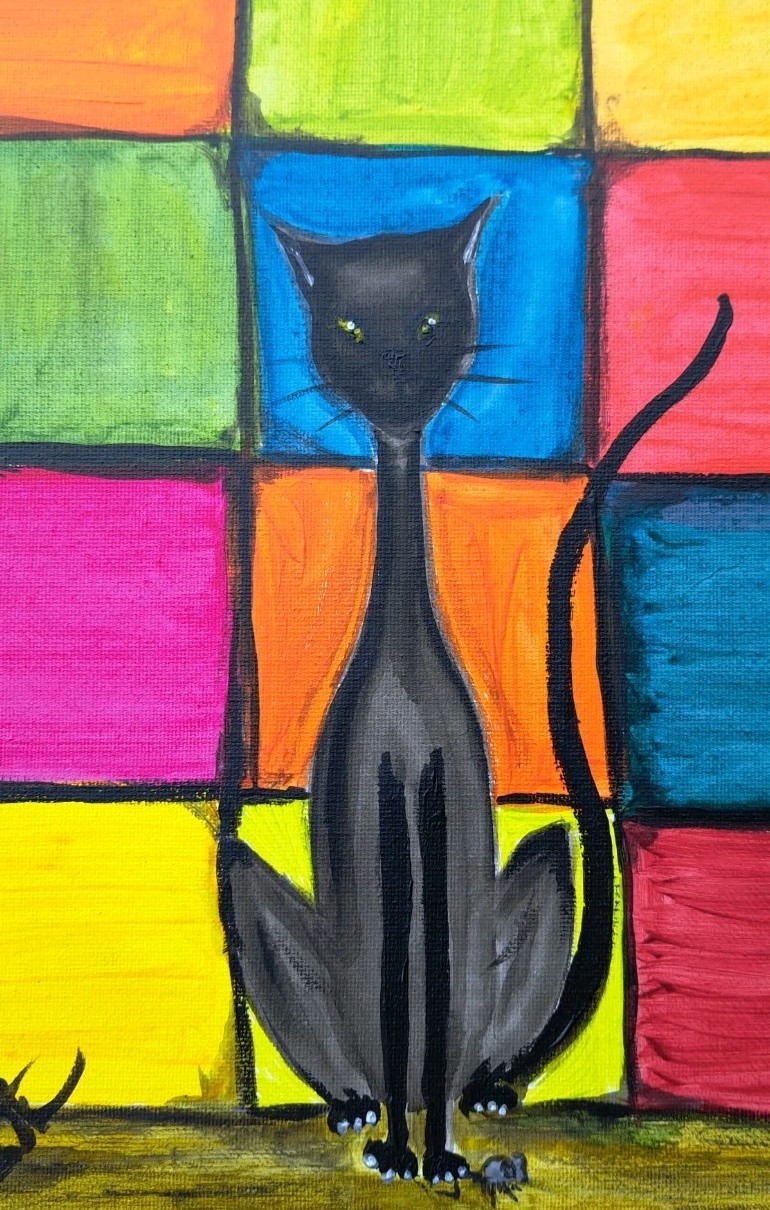 Black Cat With Mouse Color Block On Canvas Stretched Over 9×12 Wood Frame