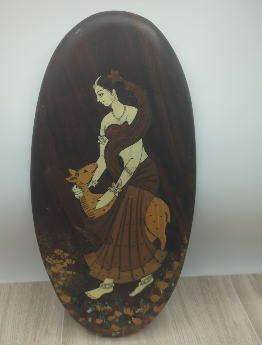 Vintage Inlay Wood Wall Art, Asian, Indian, 14″ tall