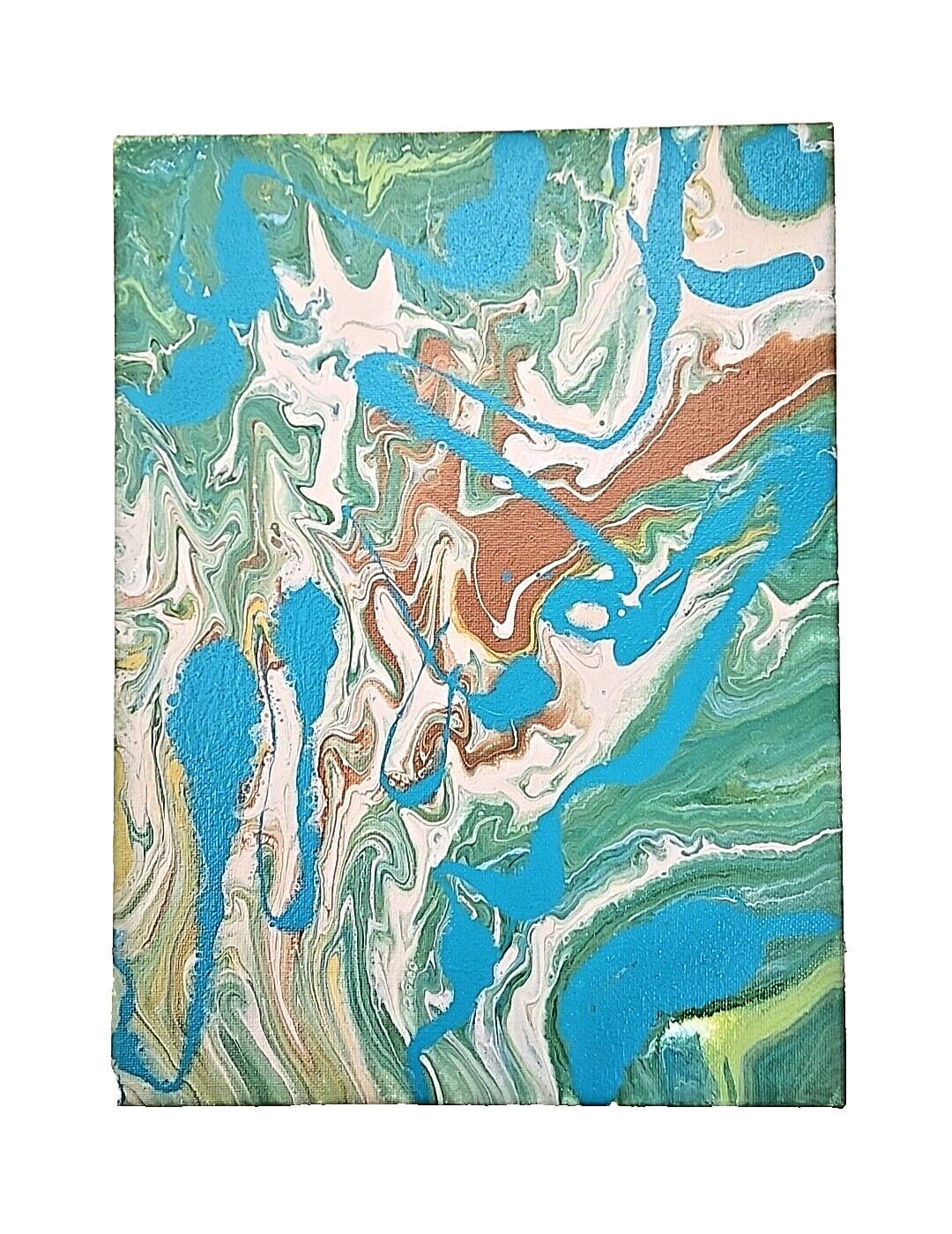 Acrylic Pour Painting Abstract Blue Green Brown White 9×12 Unframed OOAK Gift