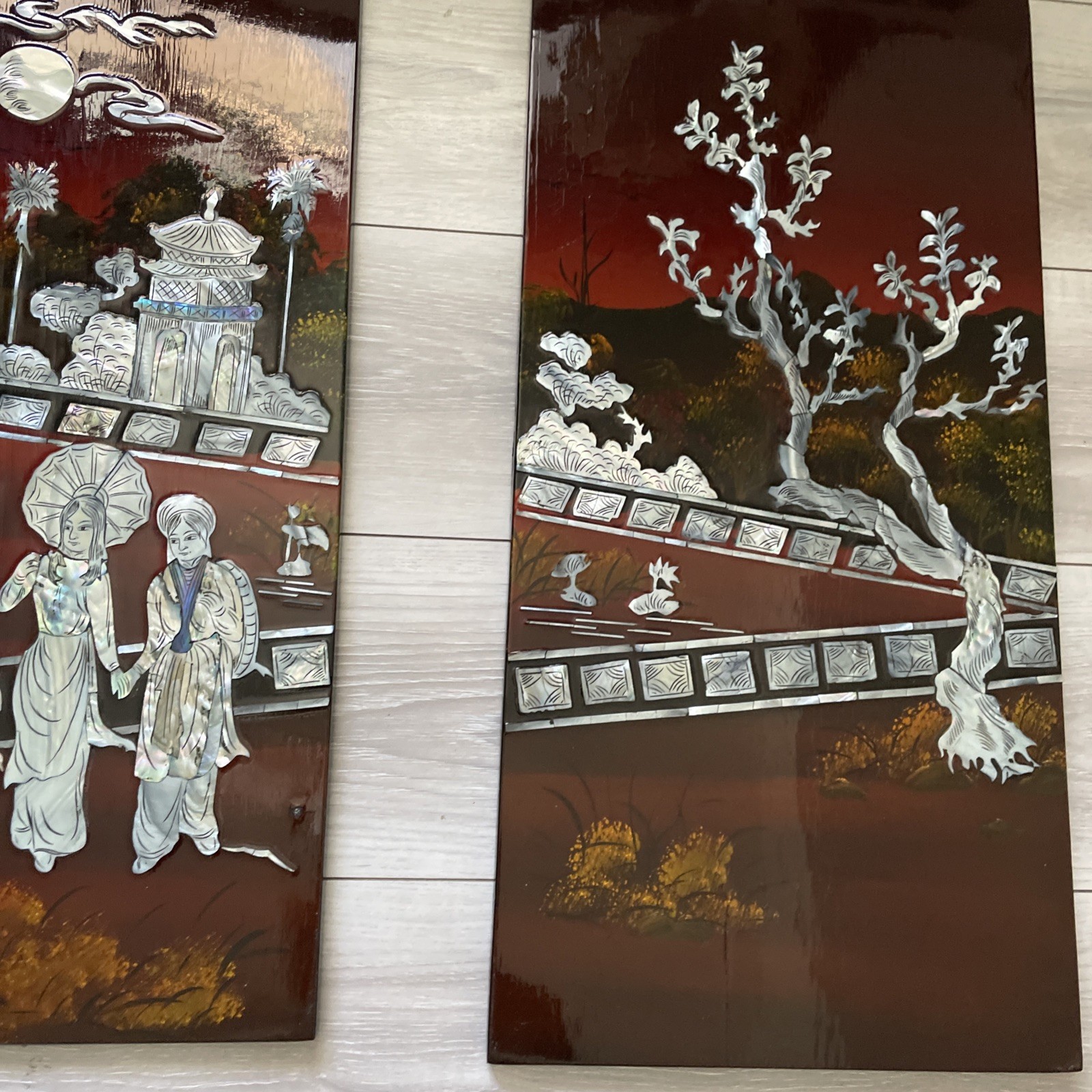 Asian Vietnamese 4 Lacquer Piece Artwork 23″HX45.6″L