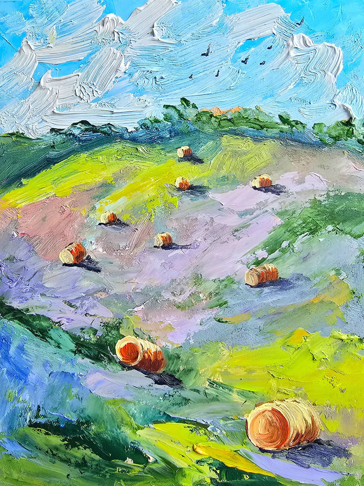 Field Landscape with Hay Bales Oil Painting 15×20 cm Painting on Painting Board