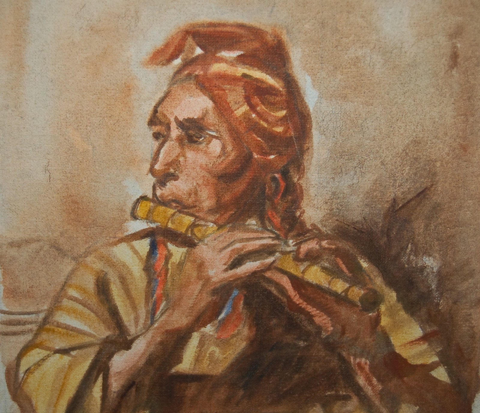 VINTAGE Painting Peruvian Flute Player Signed by Artist