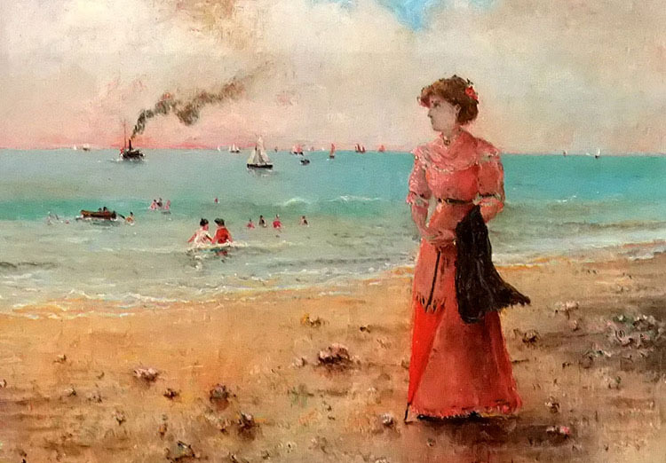 Oil Alfred Stevens jeune femme a lombrelle rouge au bord de la mer lady seaside