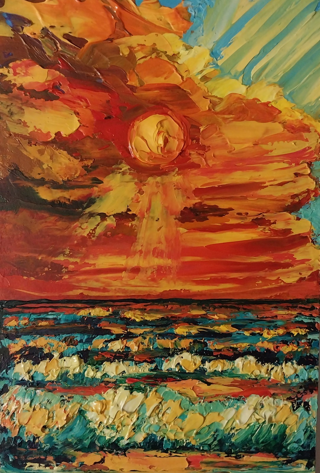 Framed Small Seascape Bright Sunset Sky Art 4×6” Impasto Original Oil Painting