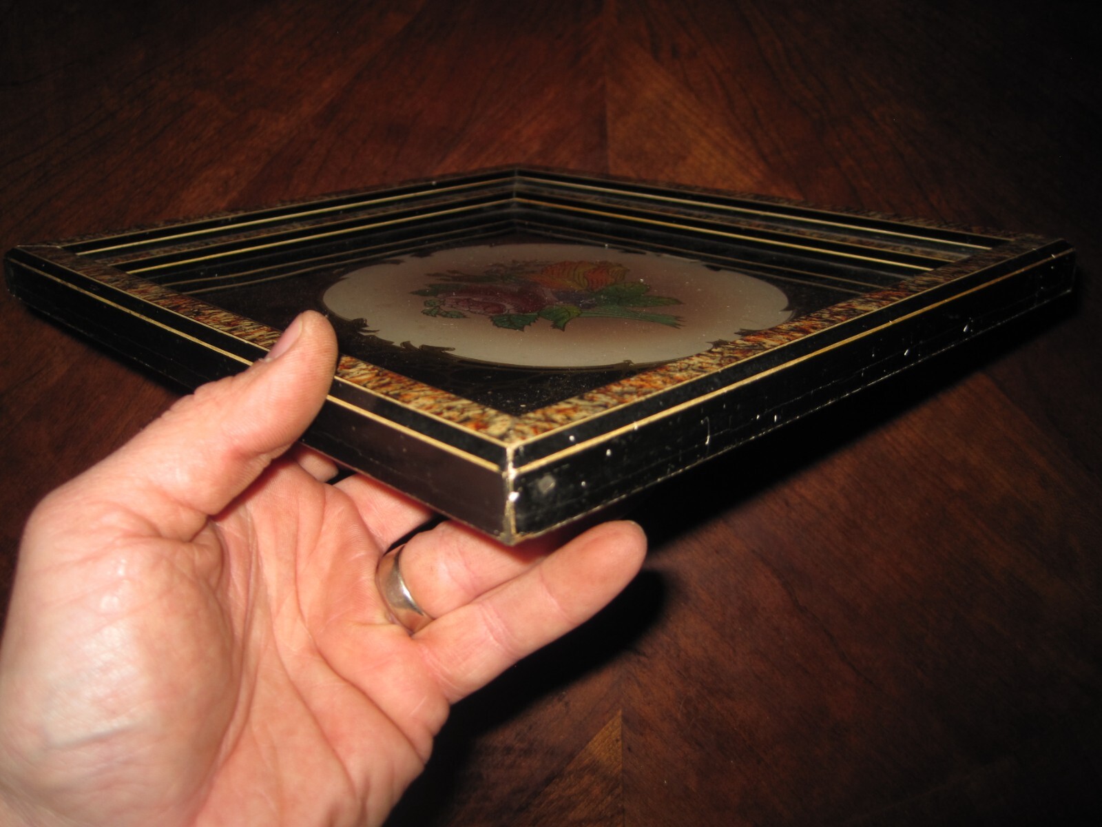Antique Reverse Painted Glass Framed Floral Art Nouveau Deco