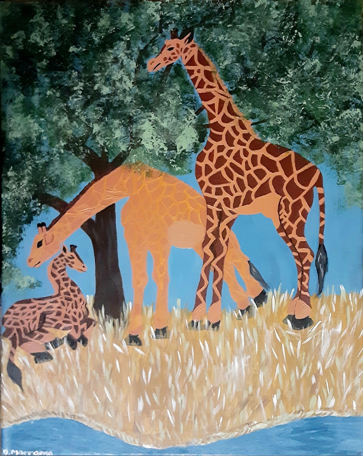 Hand Painted Art, Three Giraffes Momma and Daddy with their baby taking shade