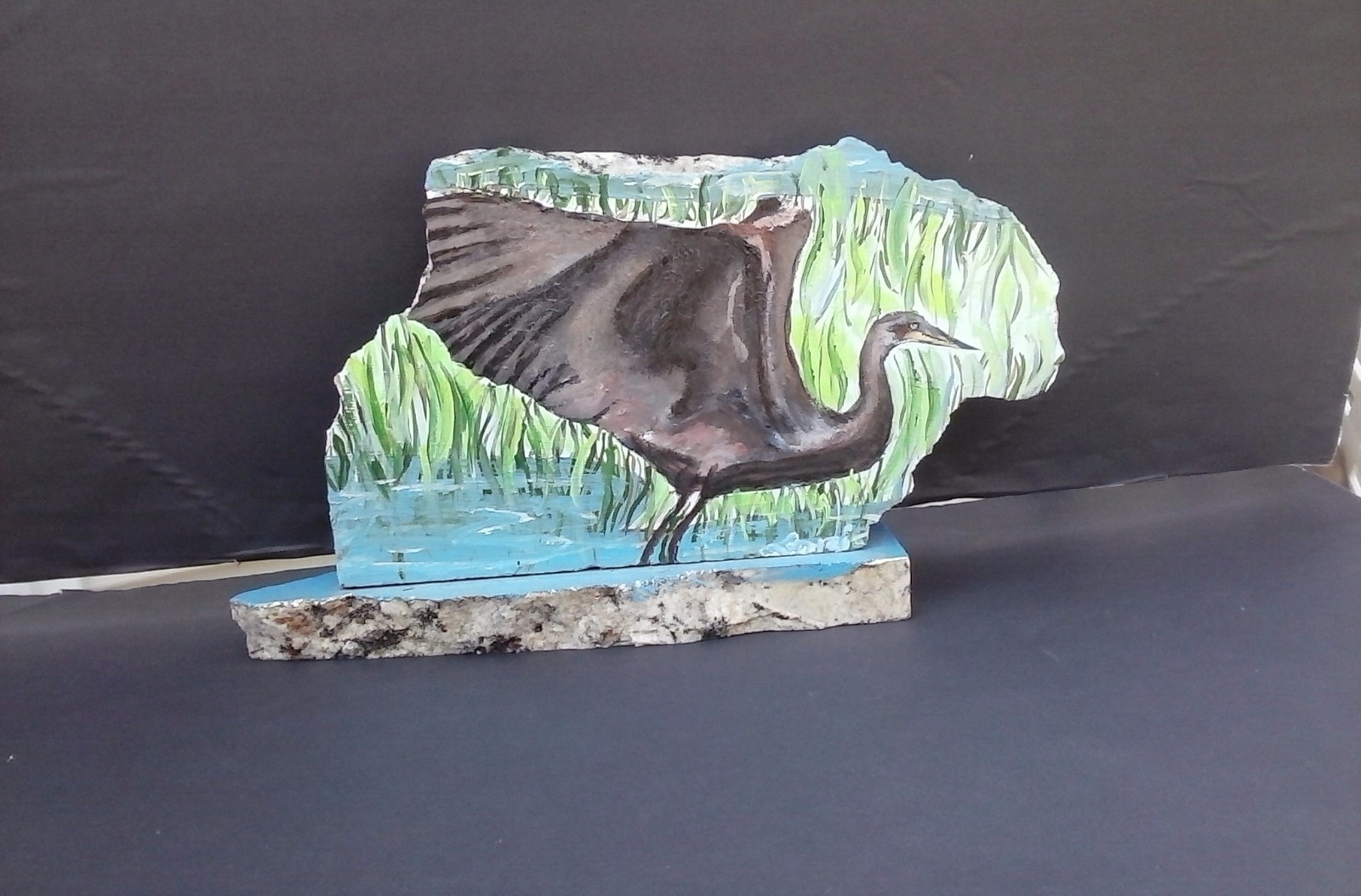 Crane In Flight Acrylic on Granite w/ Base, Realism, Signed by Artist, 2000-now