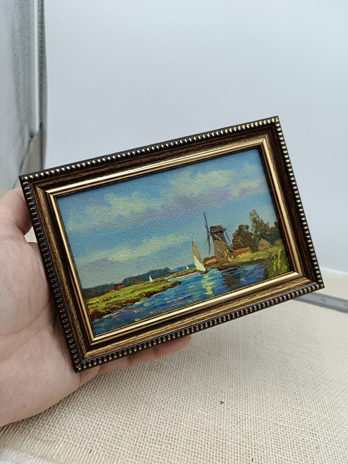 Sailboat Original Oil Painting 6×4 Framed Signed Vintage Marine Landscape Art