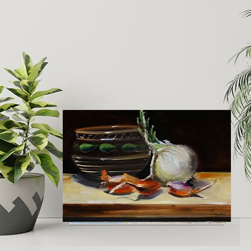 vintage plate and vegetables kitchen still life Oil painting UKRAINE 8X12