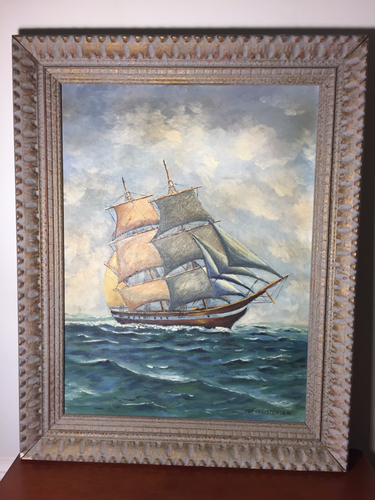 Original Seascape Painting Ship Oil on Canvas Board Signed Ted Christensen