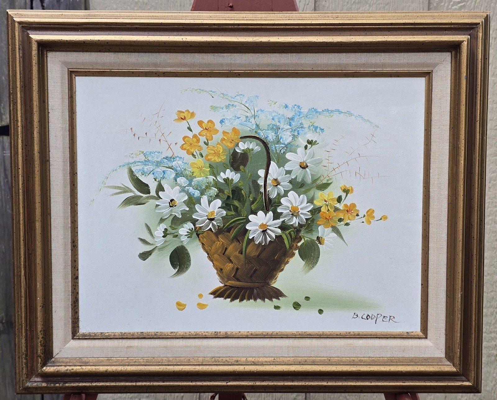 Vintage Original Oil Painting On Canvas Signed B. Cooper Flowers Floral Basket