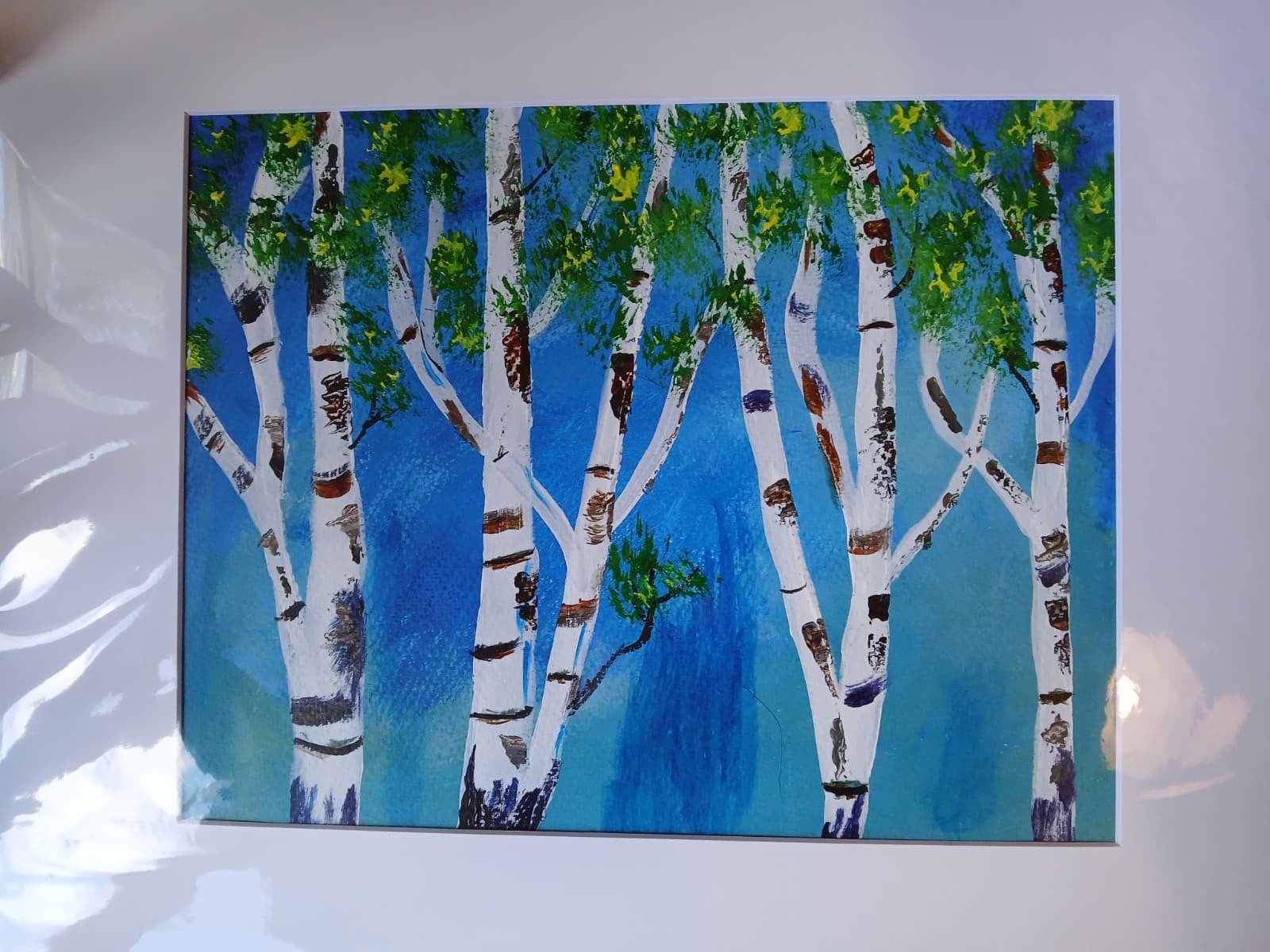 Abstract/Impressionism 11×14 Colorful Birch Trees Blue Background Art Painting