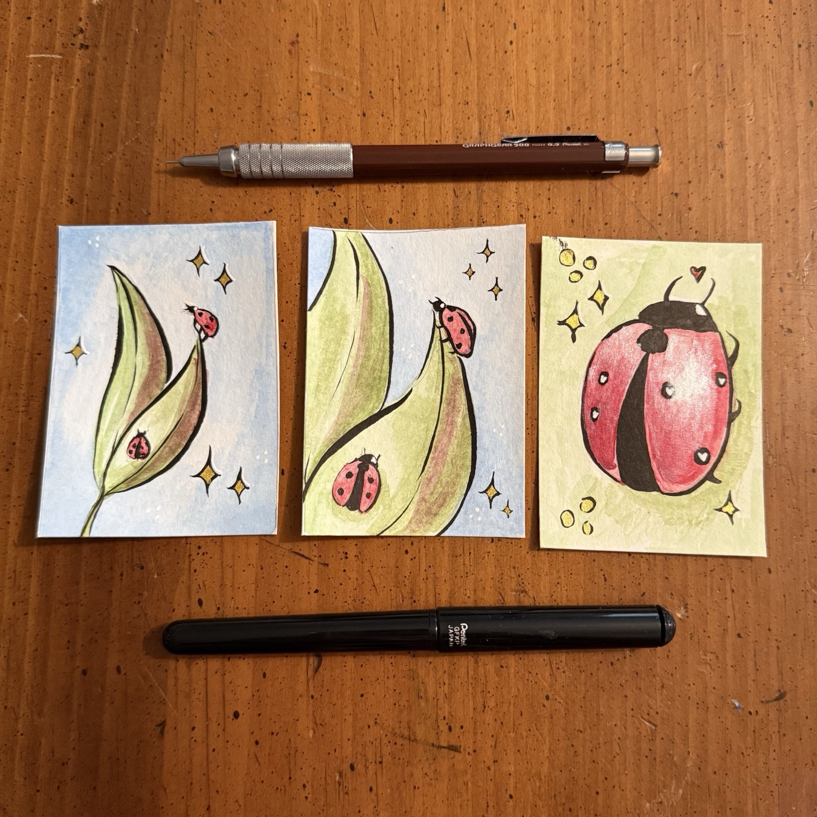 ACEO Original Art Painting Set 3 Ladybug Summer Watercolor Ink Artist Cards