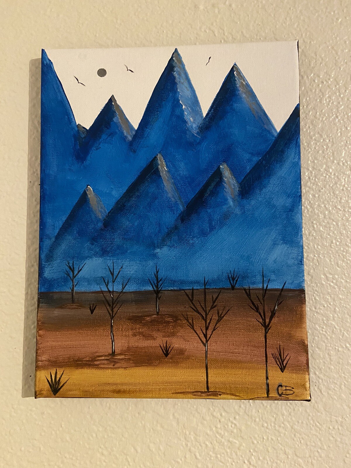Blue Mountain Desert Landscape Original Acrylic Painting Ombré Brown Desert.