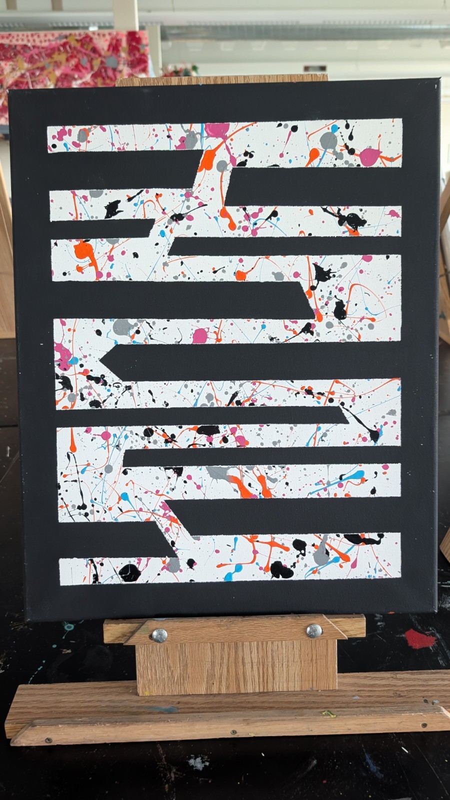 Abstract Black White Splatter Painting with Geometric Stripes, Unframed