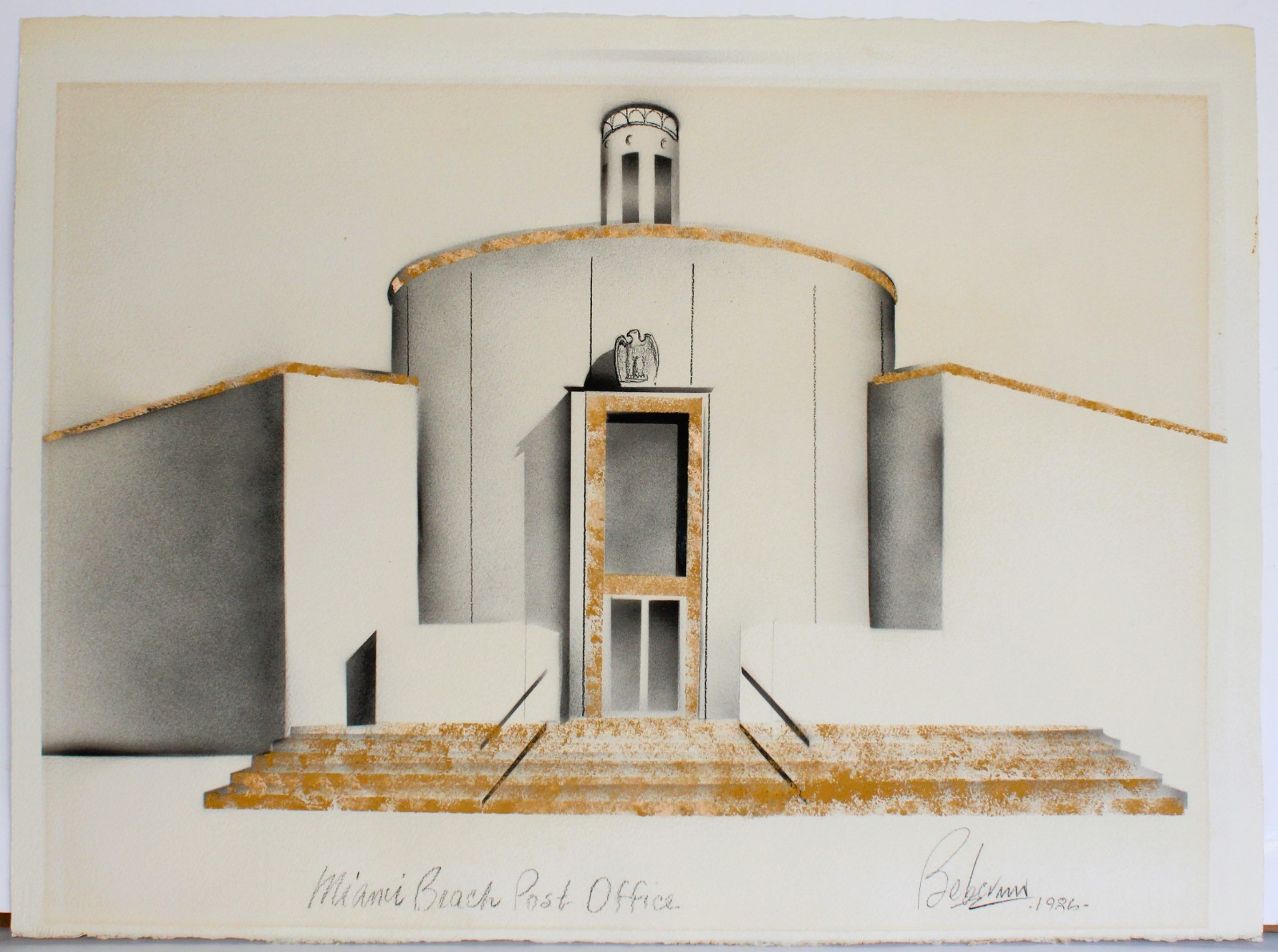KENNY BEBERMAN KEN MIXED MEDIA 1986 SIGNED MIAMI BEACH POST OFFICE ART DECO