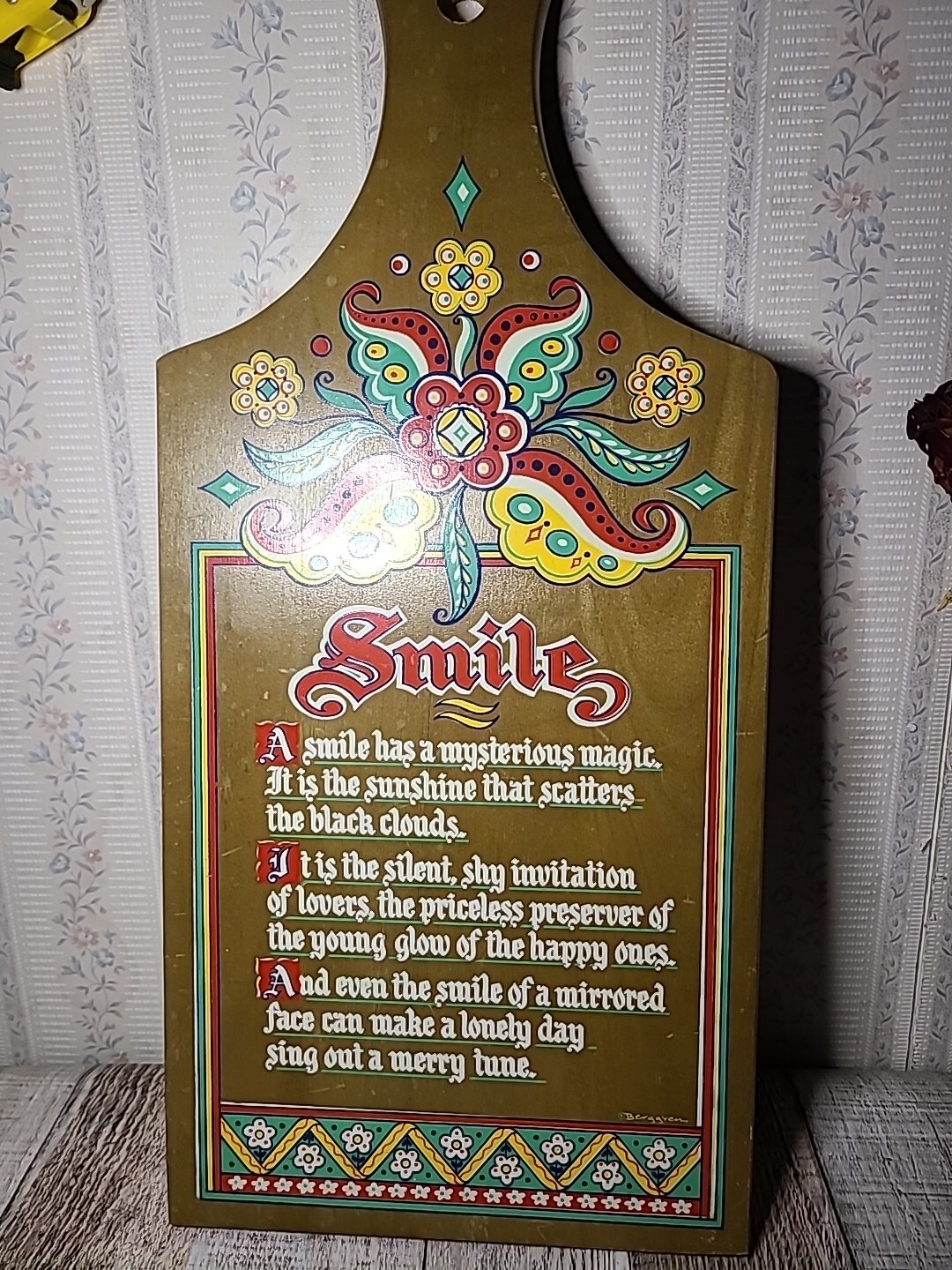 Vintage Berggren Wood Cutting Board Smile Hand Screened Poem Scandinavian Design