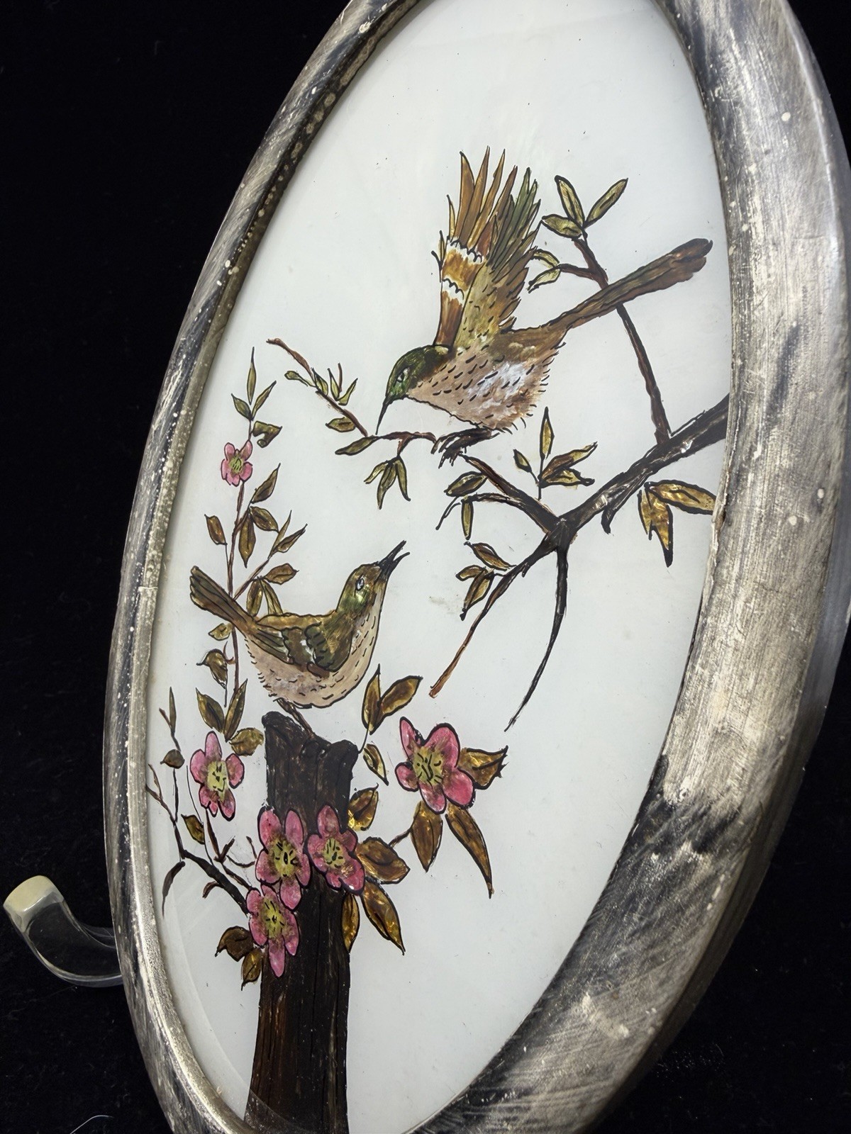 Vintage Framed Aluminum Foil Art, Birds On Floral Branches 10.5” Reverse Painted