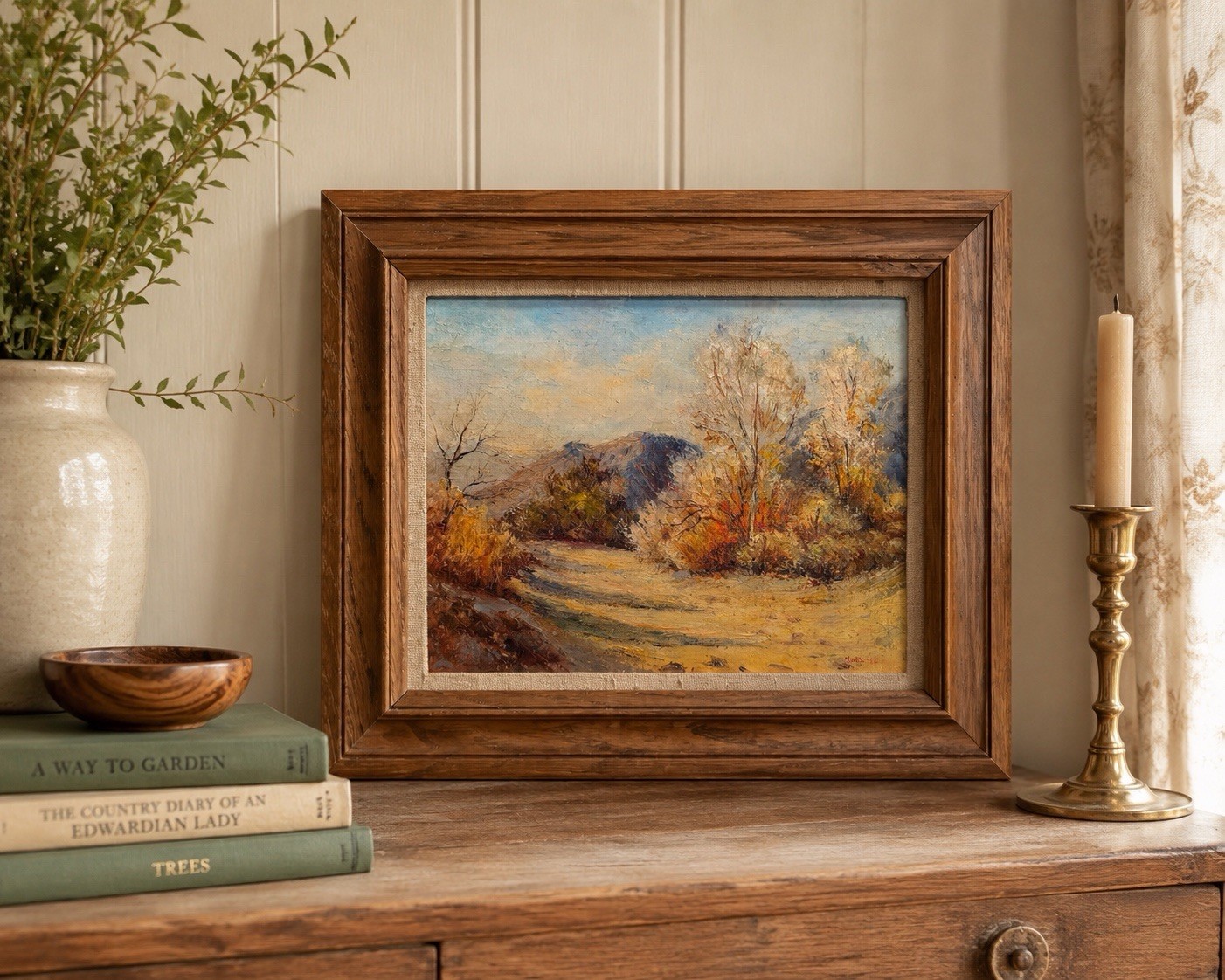Vintage Signed Autumn Mountain Landscape Oil Painting Framed Rustic Cabin Art