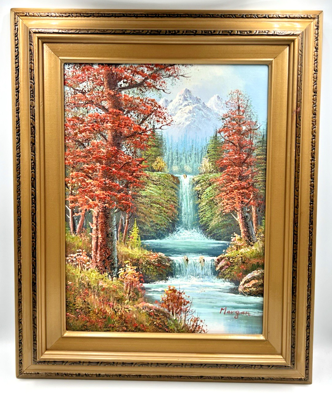 VTG Signed Framed Impressionist Oil Canvas Painting Mountain Waterfall 21½ x 17½