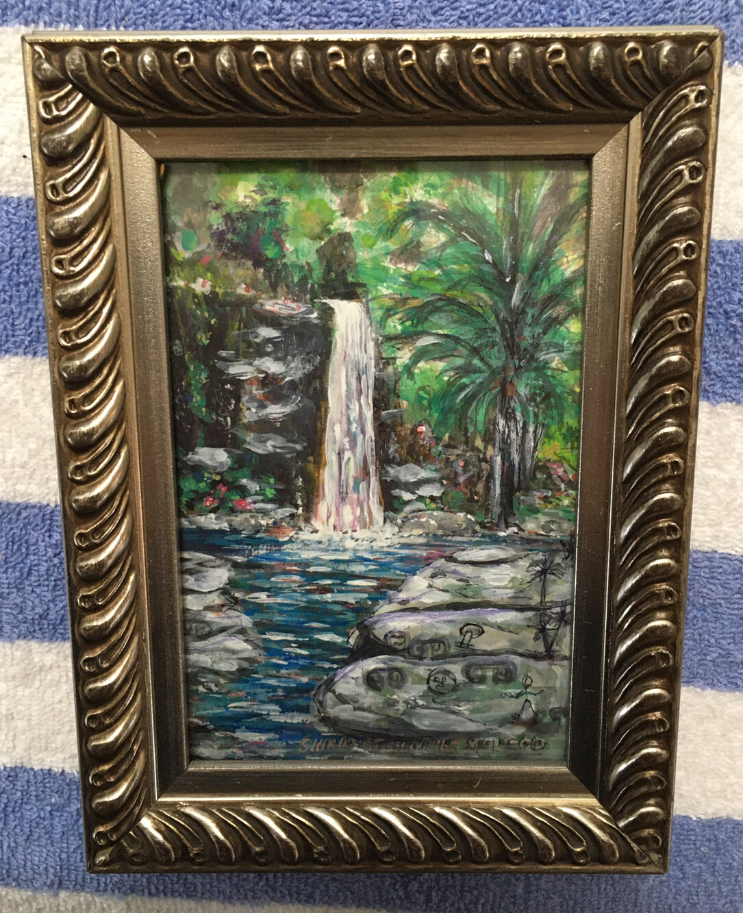 Original Watercolor on Print of Falls at Reef Bay Petroglyphs, St. John USVI.