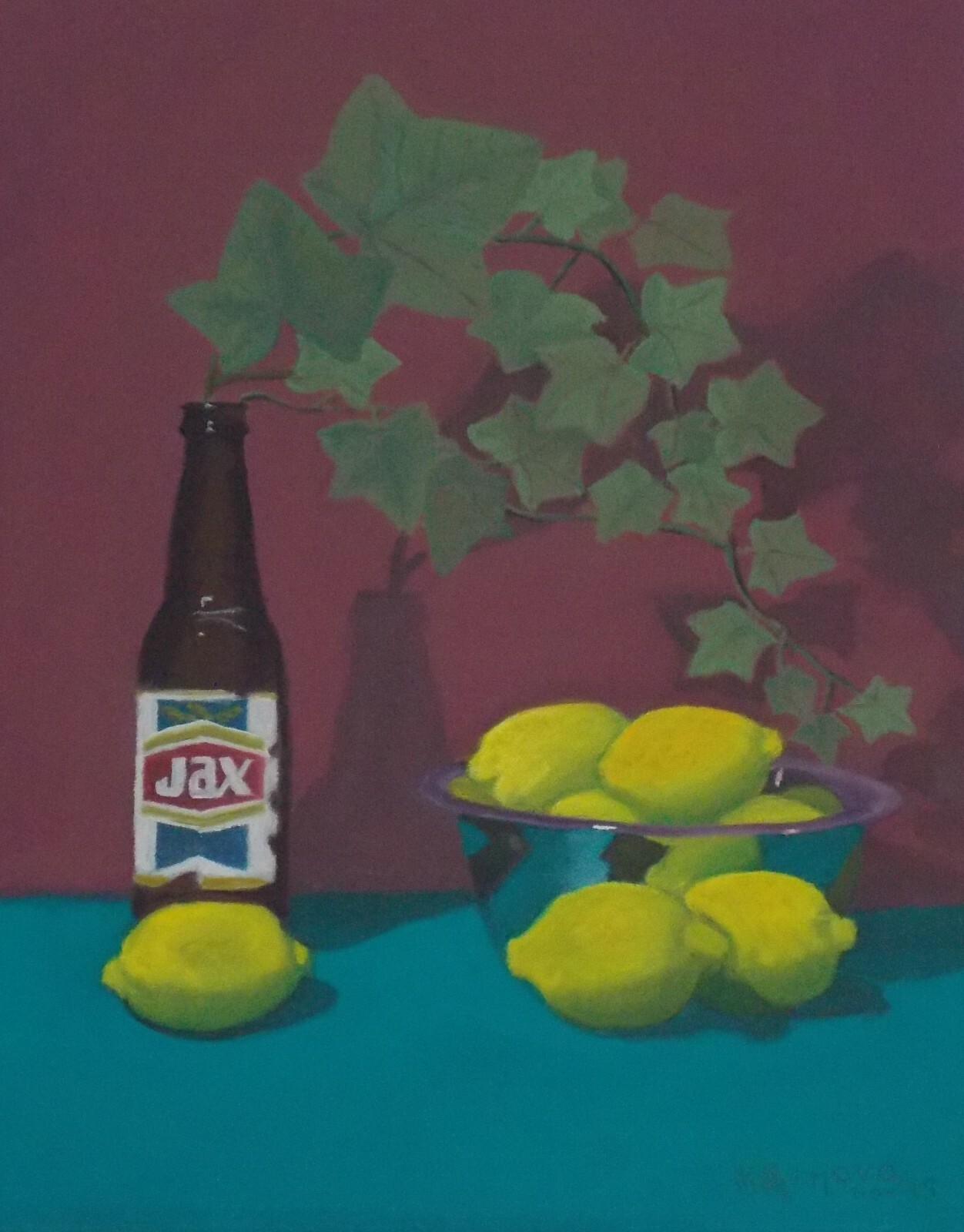Original oil painting-Jax Beer Bottle with Lemons Essentials for a Crawfish Boil