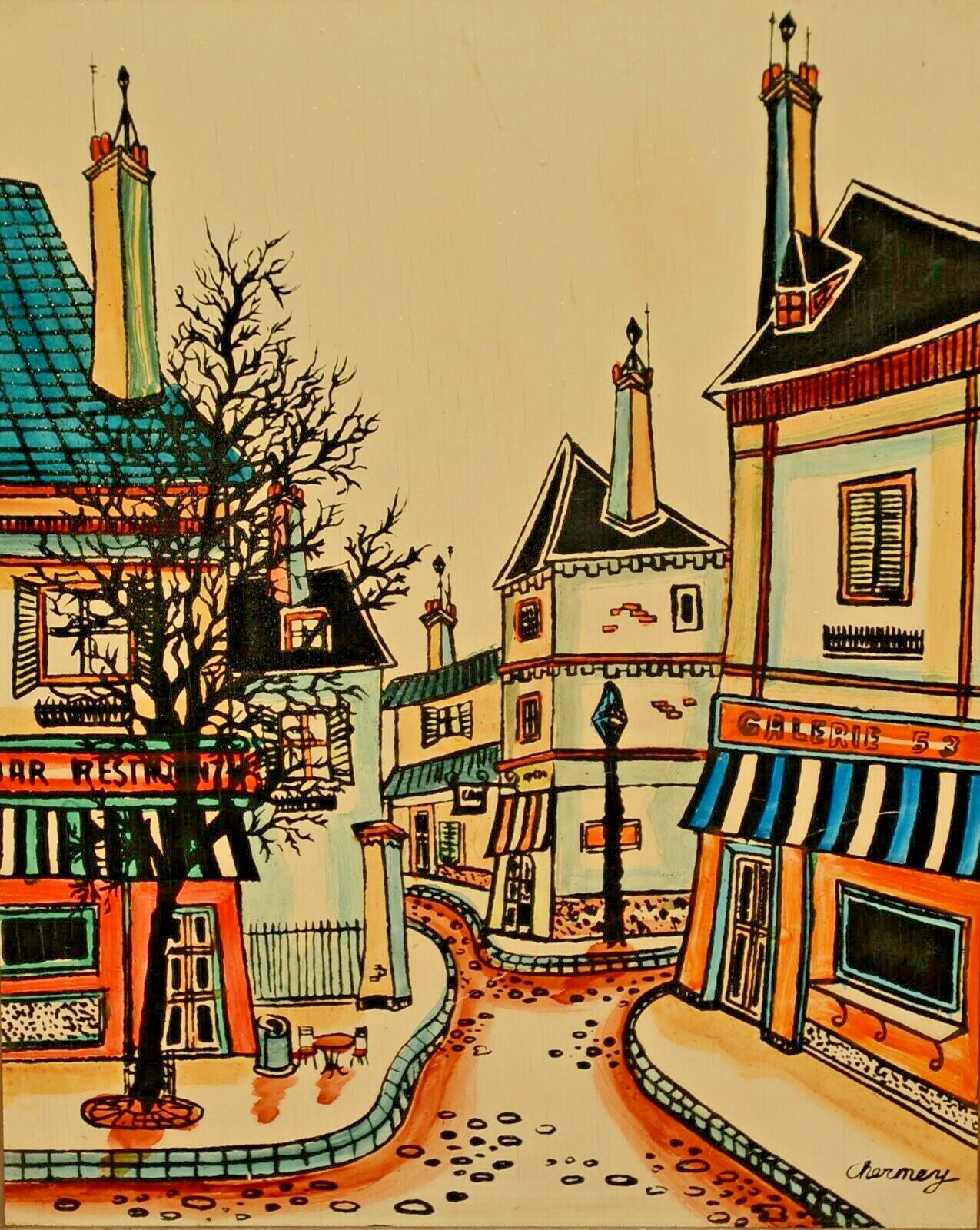 MARVIN CHERNEY Original Vintage Signed MCM Street Gallery Cityscape Oil Painting
