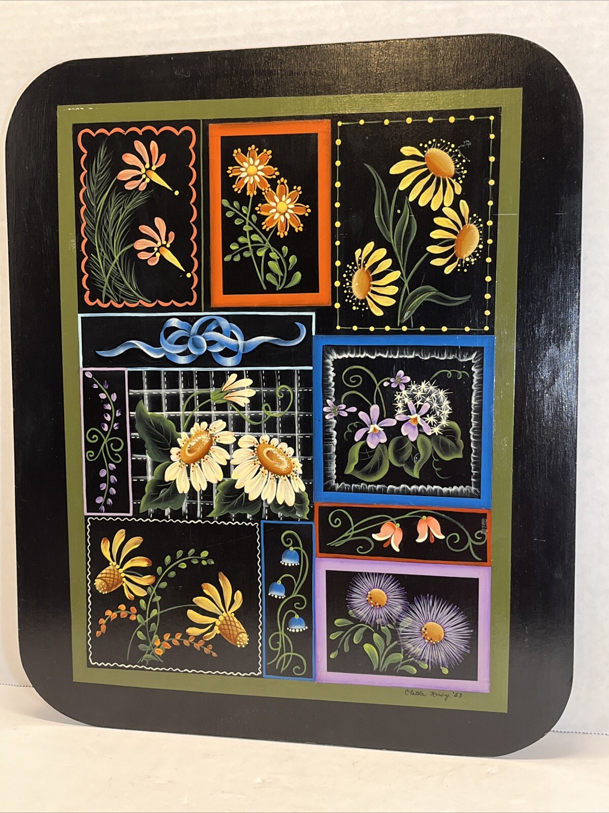 Vintage 1970s Wild Flowers Sunflowers Painting On Wood 16” Cottagecore