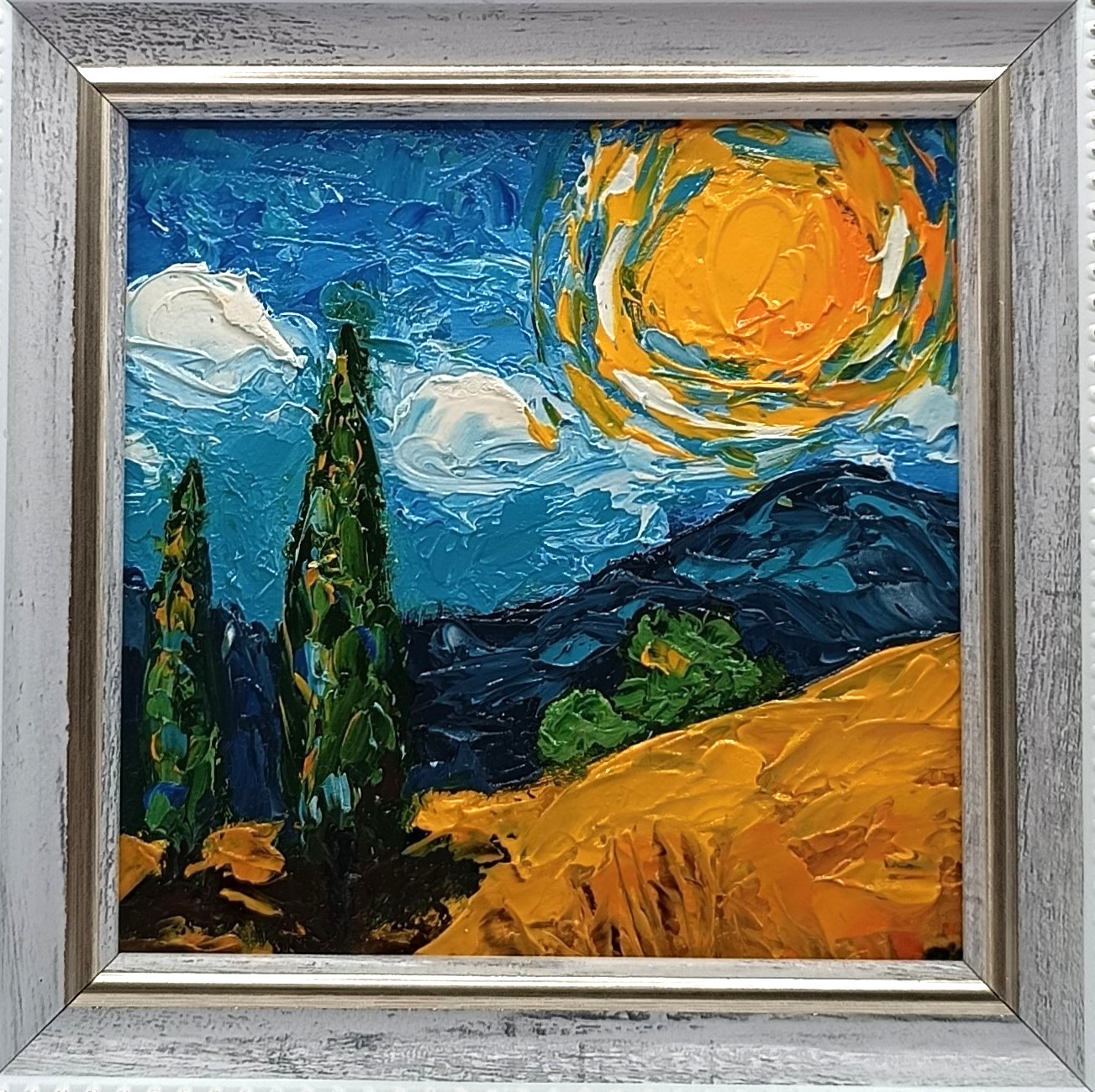 Original Oil Painting Golden Sun Small Impasto Landscape Art 4×4 Miniature