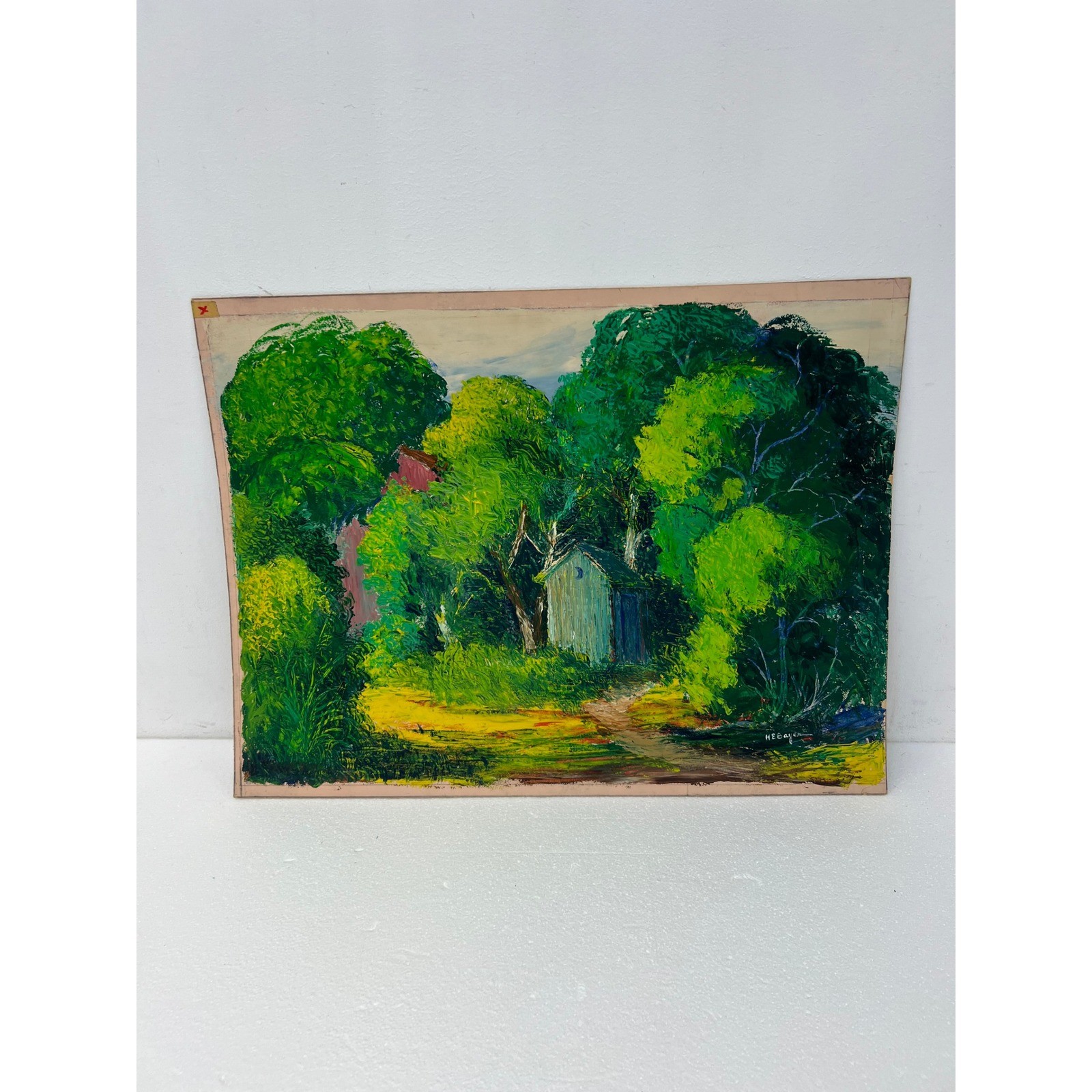 Signed Outhouse in Woods Oil Painting Impressionist Palette Knife Art H E Bayer