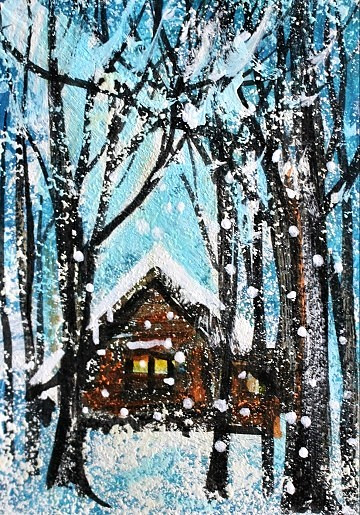 ACEO Original Winter CABIN Pine Tree PAINTING Snow Holiday XMAS Landscape ART