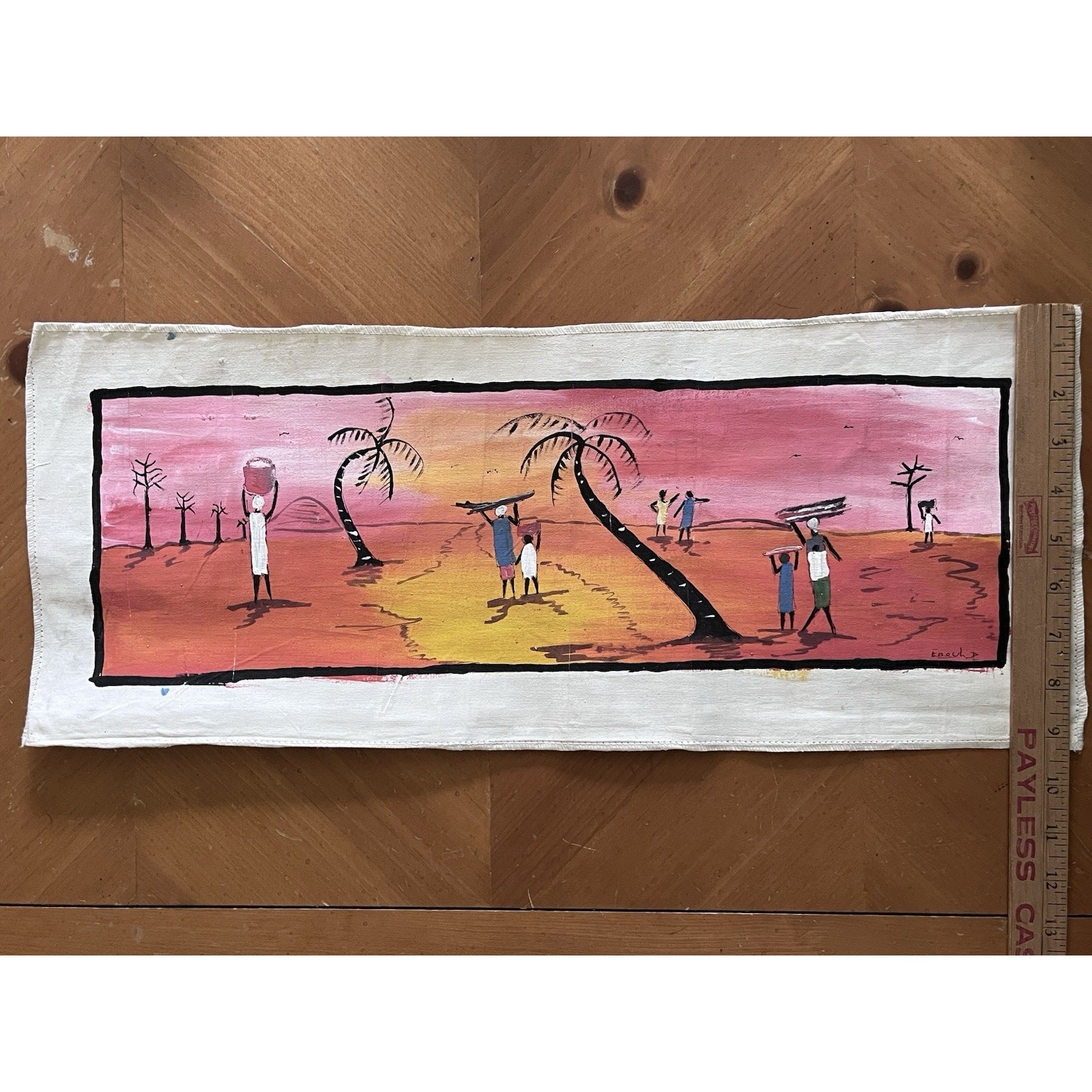 African Influenced Canvas Tapestry Tribal Artwork Sunset Stylized Figures Signed