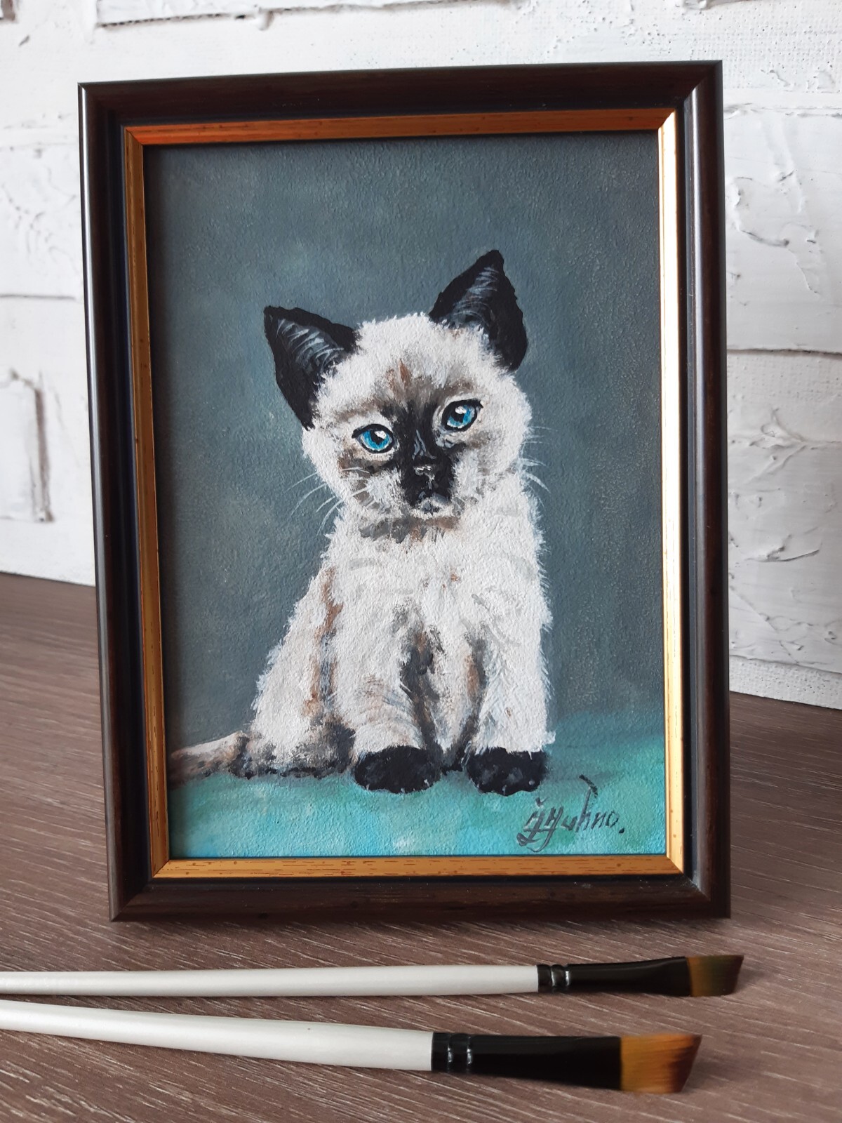 Siamese Cat Painting Pet Original Art Framed 7 by 5 Cat Blue Eyes Oil Painting