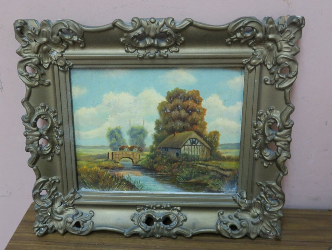 Antique Oil on Board Painting D. Caggiano ? Framed English Cottage Landscape