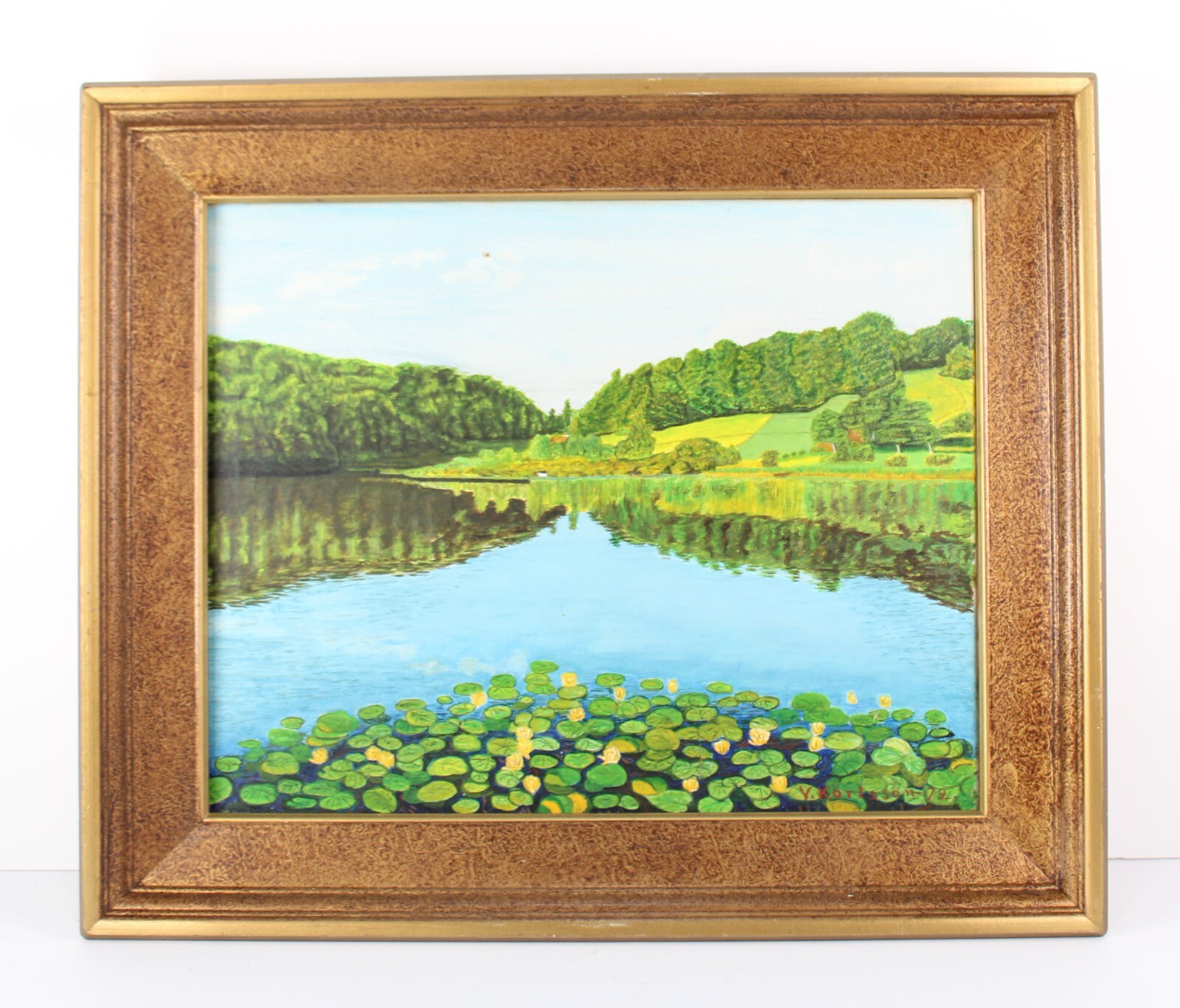 Vintage Lillypad Pond Landscape Scene Oil Painting Signed V, Karlsson 72