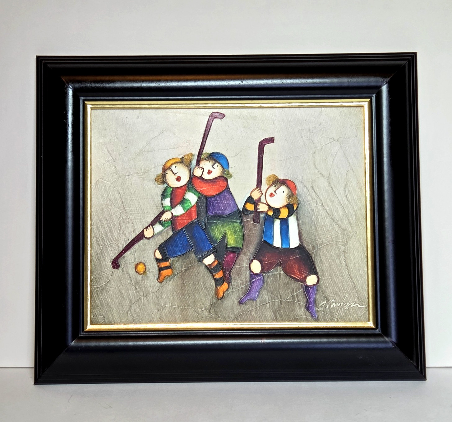J. Roybal Signed Art 3 Field Hockey Players Oil On Canvas Framed 13.5” x 11.5″