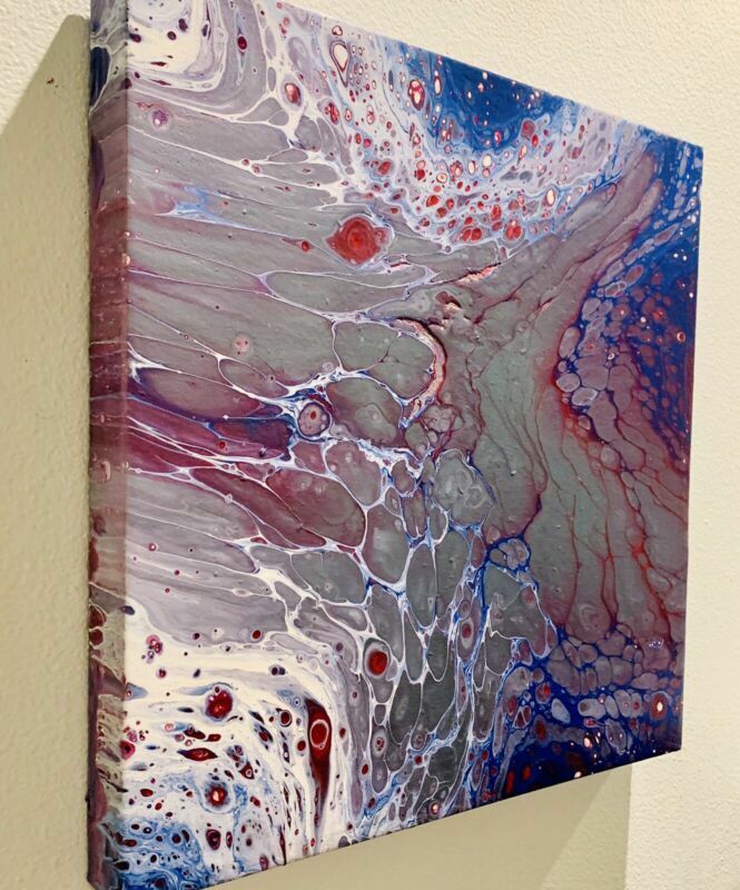 ORIGINAL GALLERY CANVAS Abstract Painting Wall Artwork Metallic Pewter Red Space