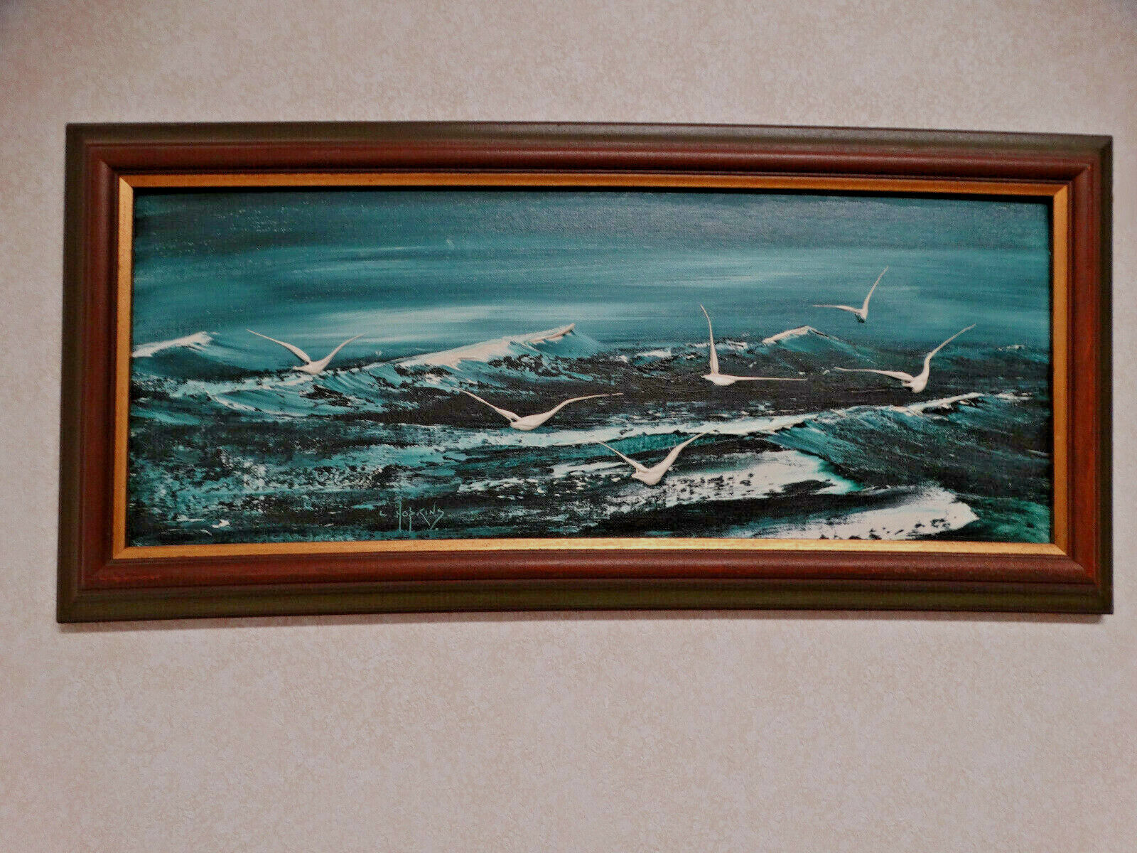 Vintage 1967 Abstract Fine Art Canvas Painting Seagulls Flying Over The Surf 🌊