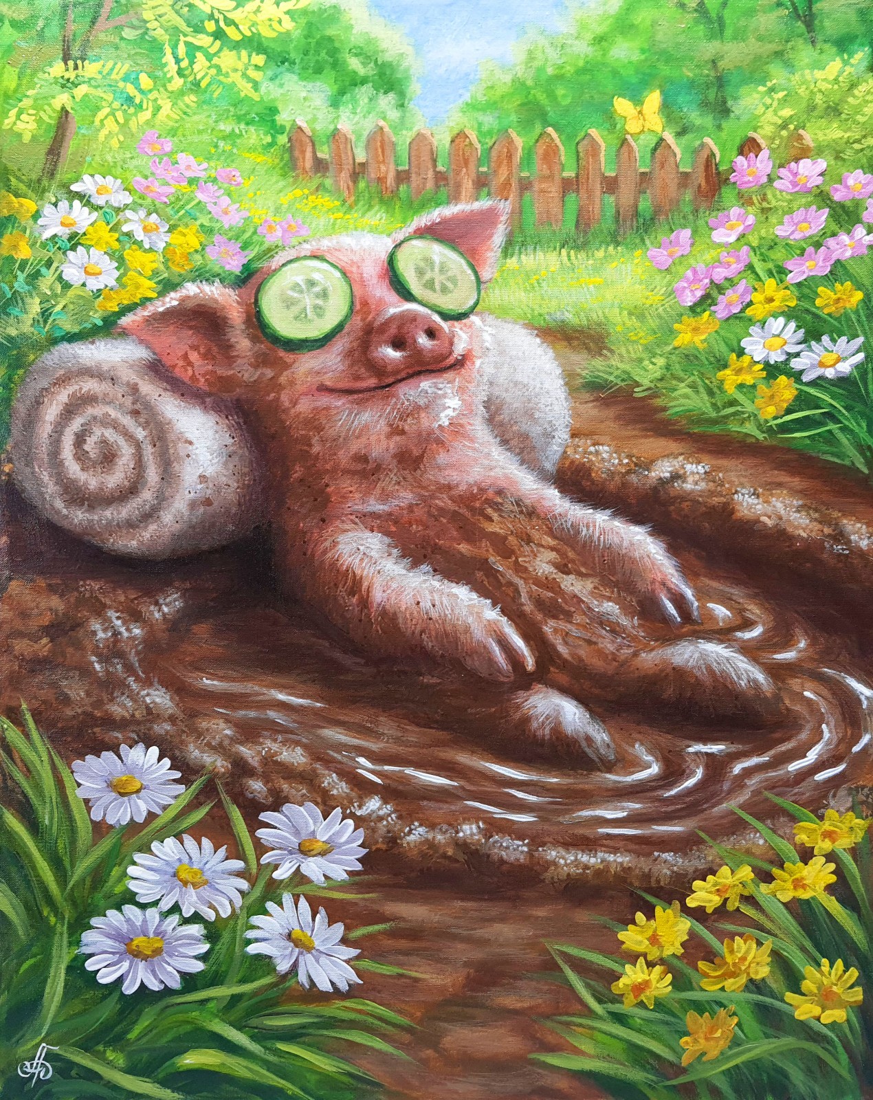 Original Acrylic Funny Pig Painting Mud Spa Humor Farm Animal Art OOAK 16×20