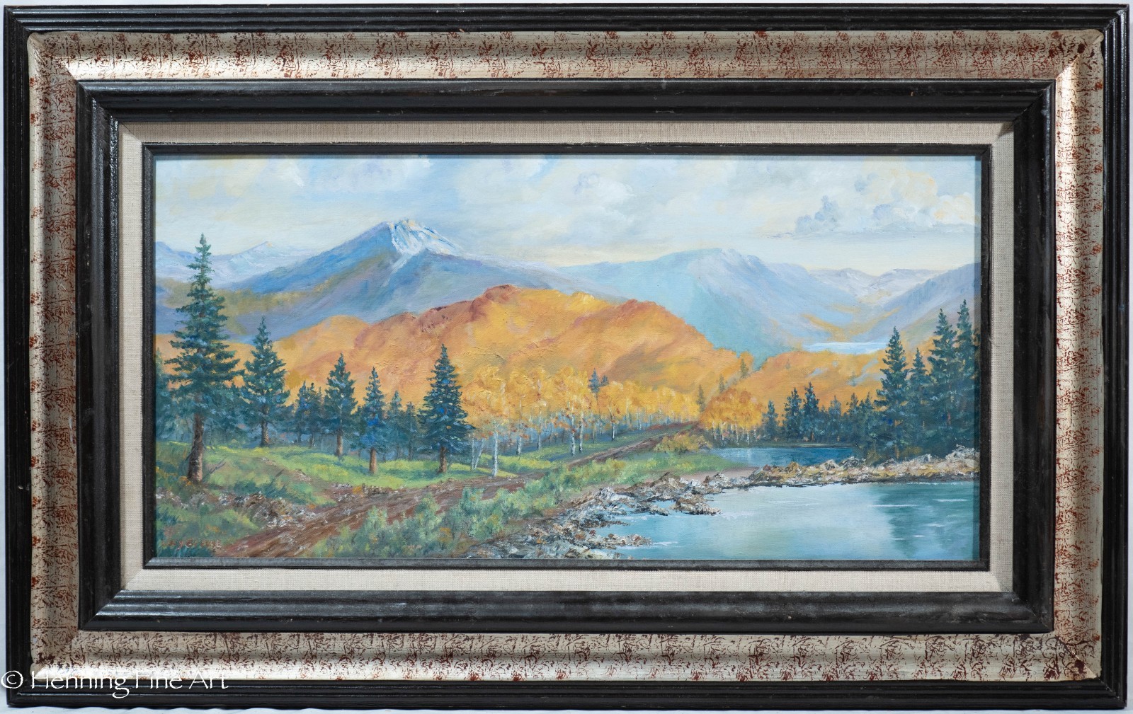 Beautiful Western Landscape Oil Painting Autumn Mountains by Lucy Greene 20×32″