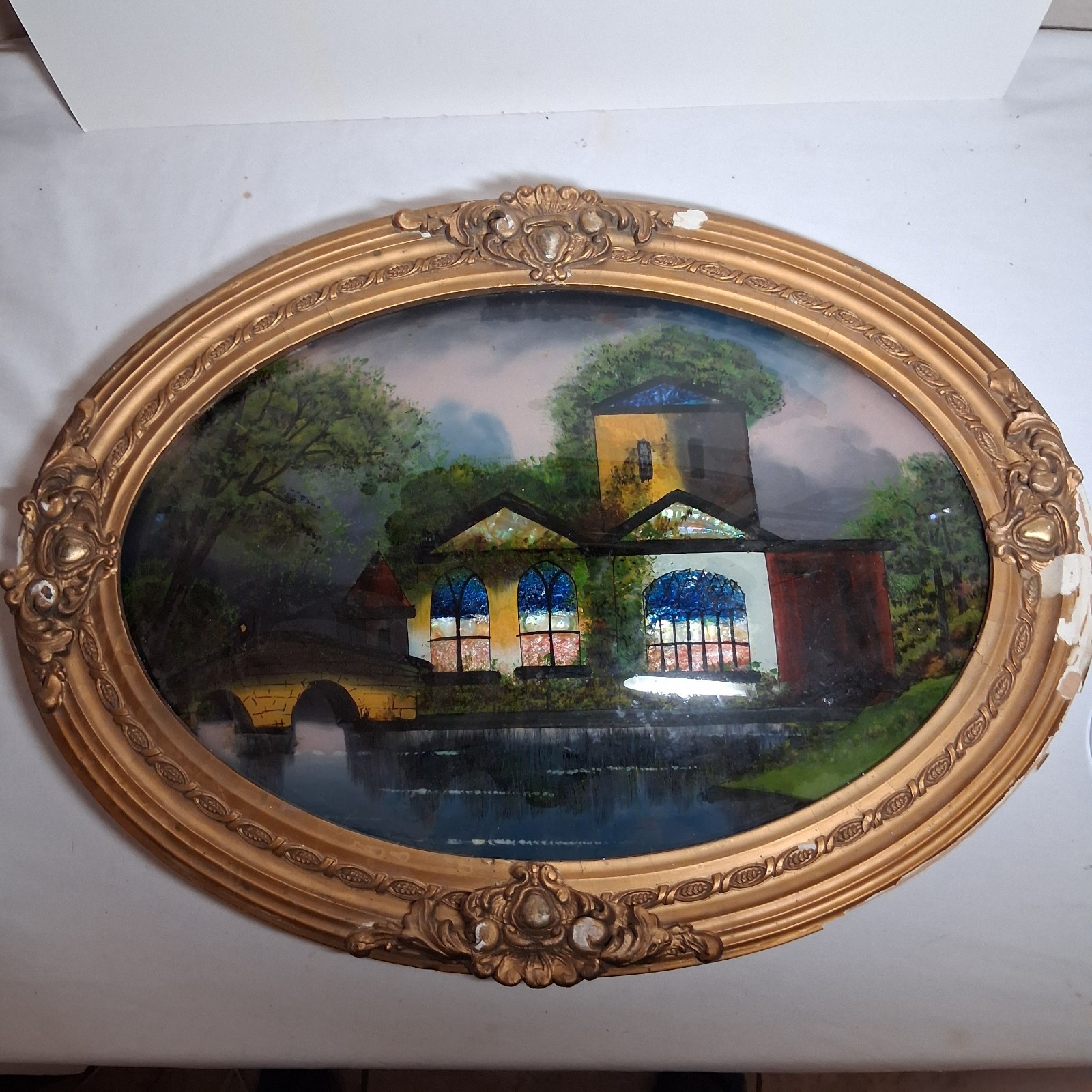 Antique Japanese Reverse Bubble Glass Painting In Original Frame 23″ × 16″