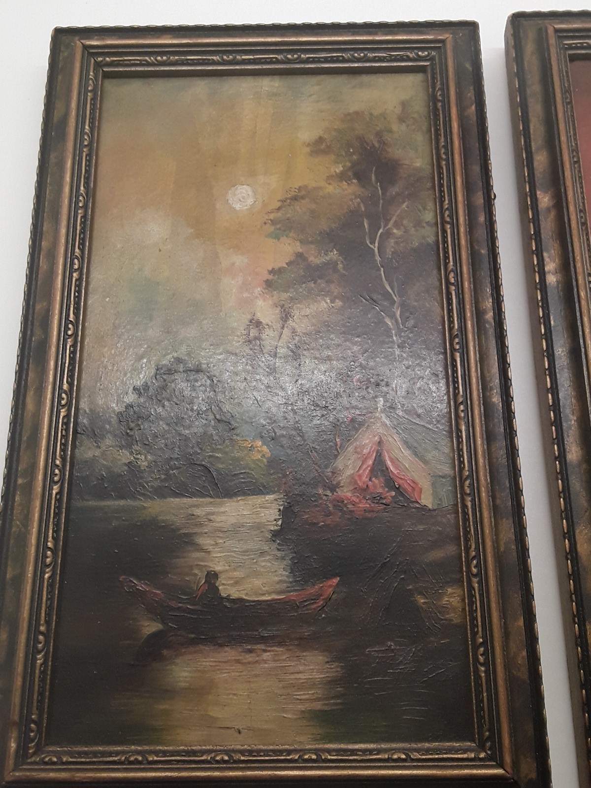 2 Lovely Small Framed Vintage Oil Paintings Sunrise & Sunset River Bank, Moody