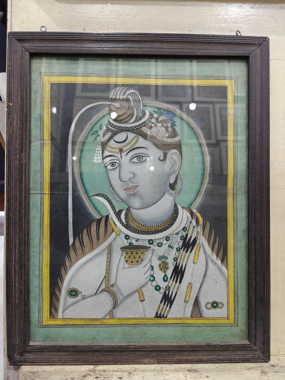 125 Years Old Antique Miniature Painting Of Lord Shiva With Original Wood Frame