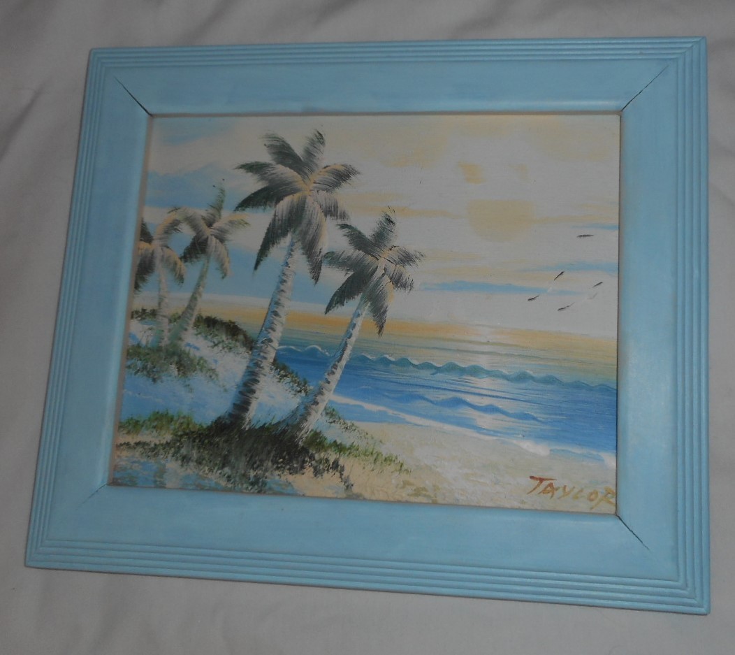 Beach Themed Oil on Canvas Seashore Framed Wall Painting 12″Wx10″H Signed Taylor