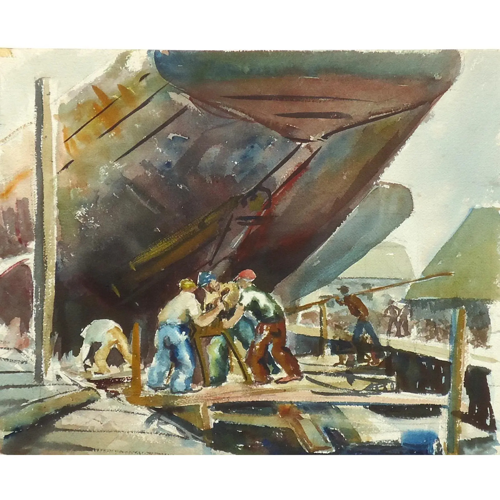 Mid-Century Industrial Harbor Scene With Dock Workers Painting Wpa Era