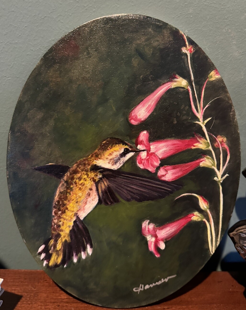 Oval Hummingbird Hovering Over Pink Flowers Painting, Signed, 11”x14”