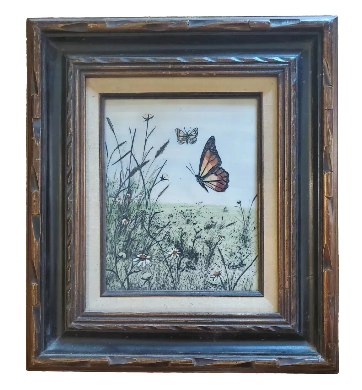 CARLOS RIOS Signed BUTTERFLIES Etched Painting Carved Wood Frame 16×18″
