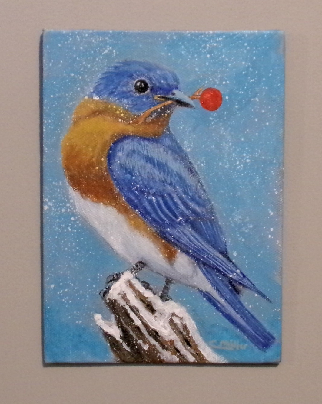 Bluebird Original Bird Painting 5×7 Winter Animal Wildlife Modern Wall Art