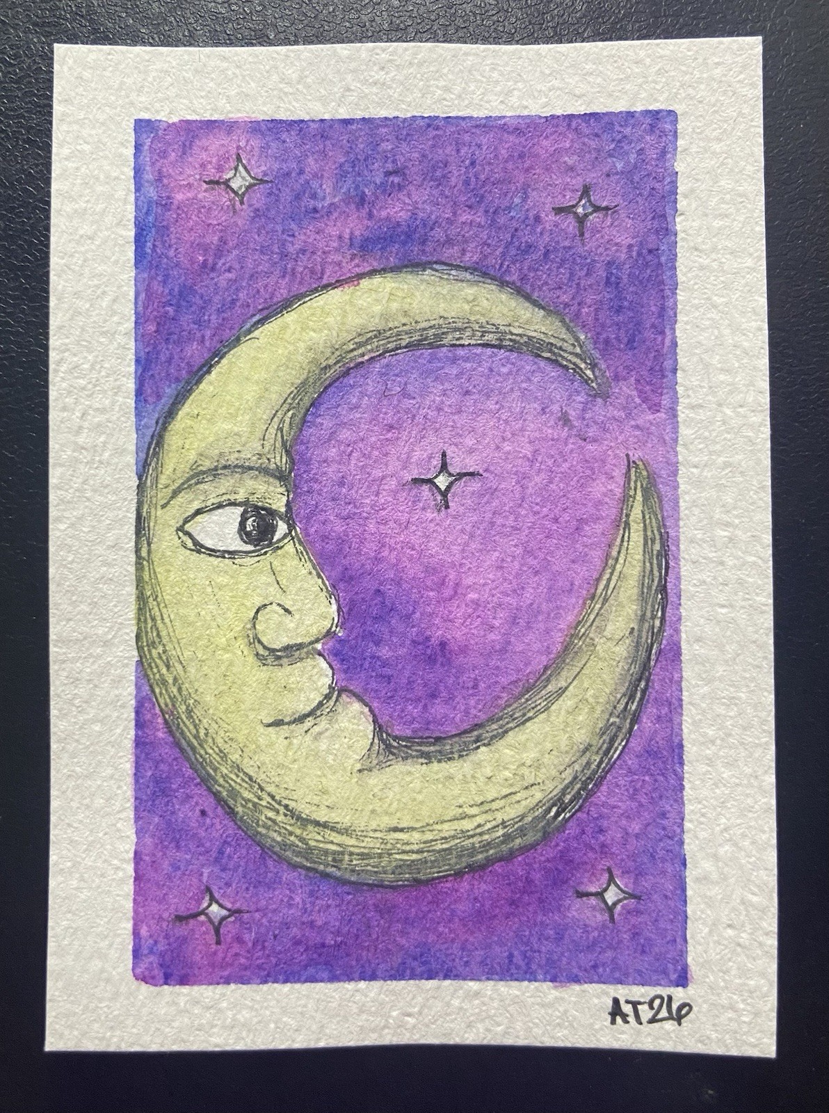 Crescent Moon ACEO Original Watercolor And Ink 2.5×3.5