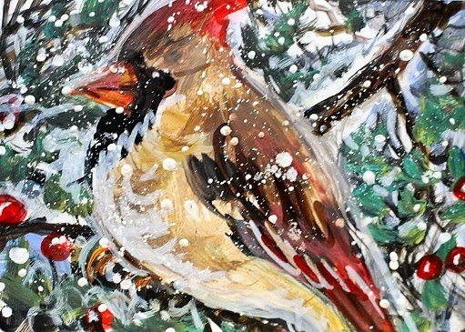 ORIGINAL ACEO BIRD Painting Female Northern CARDINAL Winter Nature Snow ATC ART